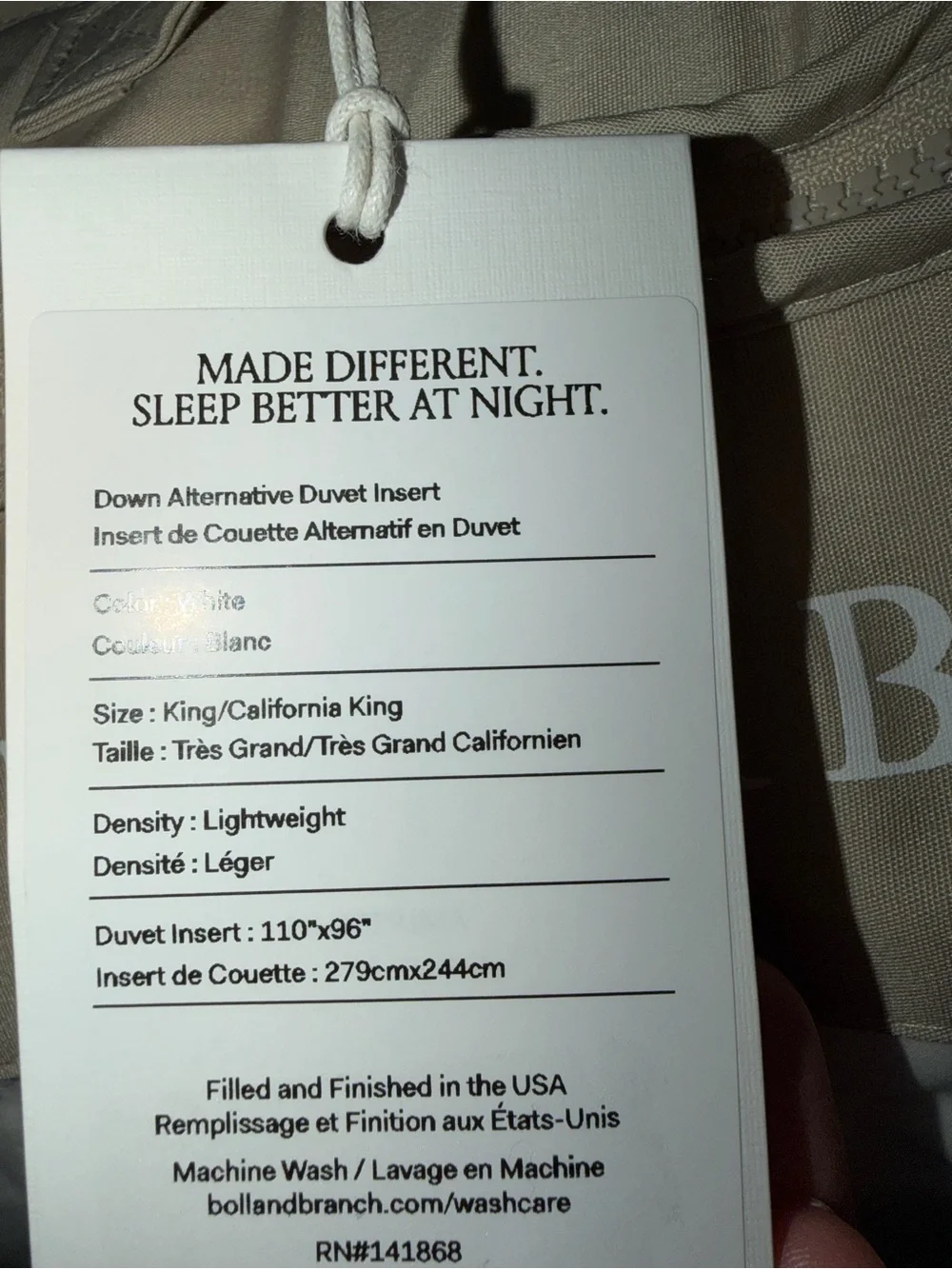 Boll & Branch down alternative duvet insert lightweight king/ california king